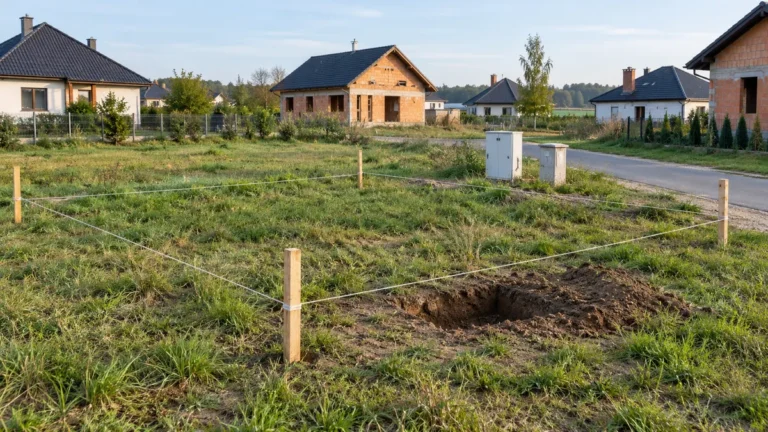 Działka budowlana wytyczona palikami z odkrywką gruntu, dojazdem i skrzynkami przyłączeniowymi.