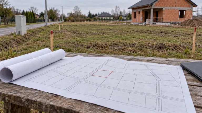 Plan działki z zaznaczoną parcelą na stole przy pustym terenie i domu z pustaków ceramicznych.